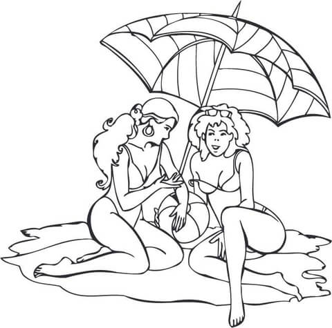 Two Women at the Beach Under An Umbrella Coloring page