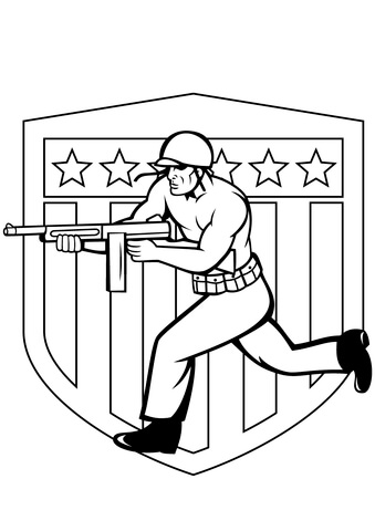 US Soldier Running with Tommy Gun Coloring page