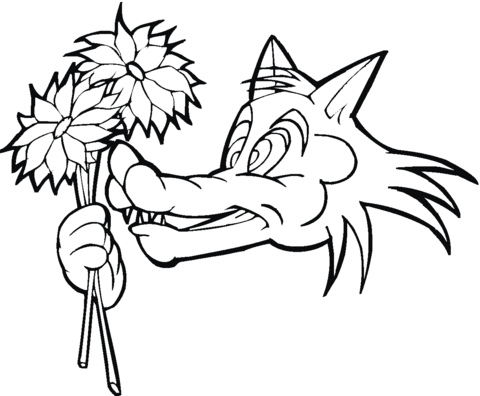 Cartoon wolf with flowers Coloring page