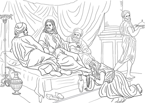 Woman Washing Jesus Feet with Her Hair Coloring page