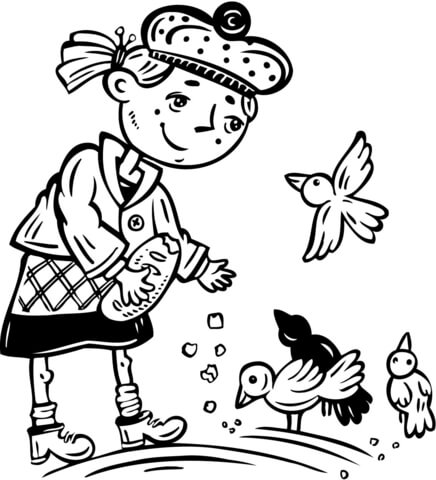 Young Girl Feeding the Birds Coloring page