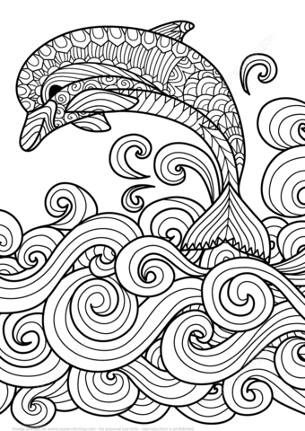 Zentangle Dolphin with Scrolling Sea Wave Coloring page