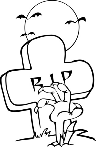 Zombie Hand Coming out Under a Tombstone in Halloween Coloring page